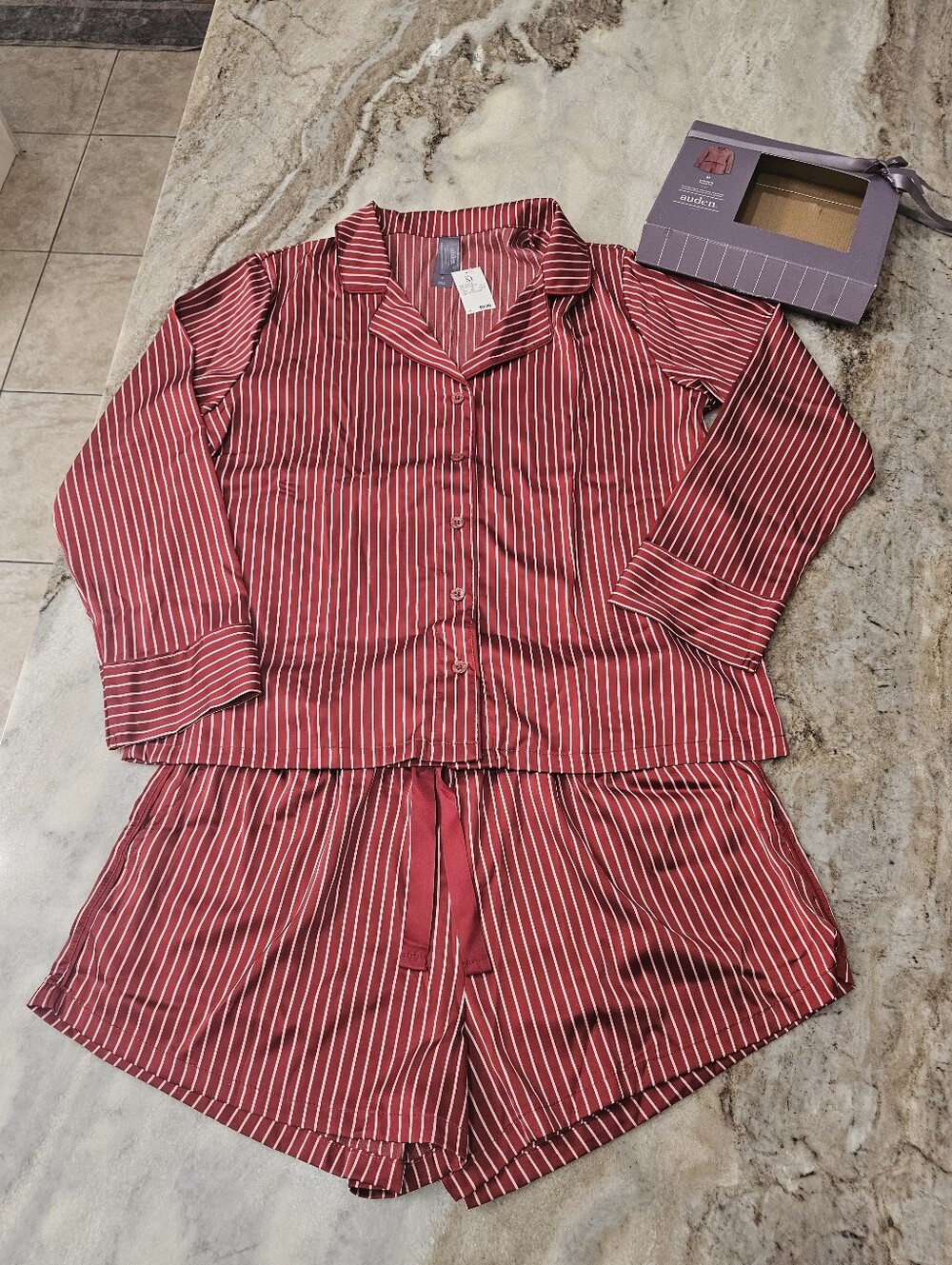 Auden Luxury Collection Luxe Satin Pajama Set Red Stripe Button Shorts Medium